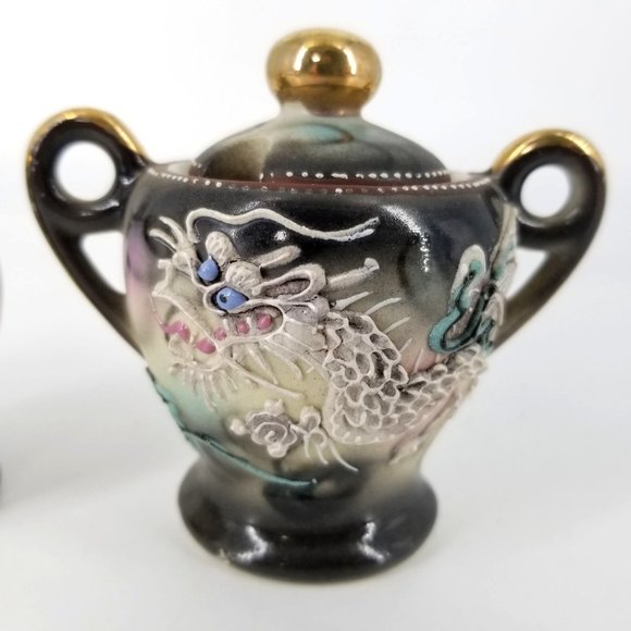 Japanese Moriage Dragon Ware Salt Pepper Sugar Bowl With Lid Mauein Grey Blue - Picture 2 of 7